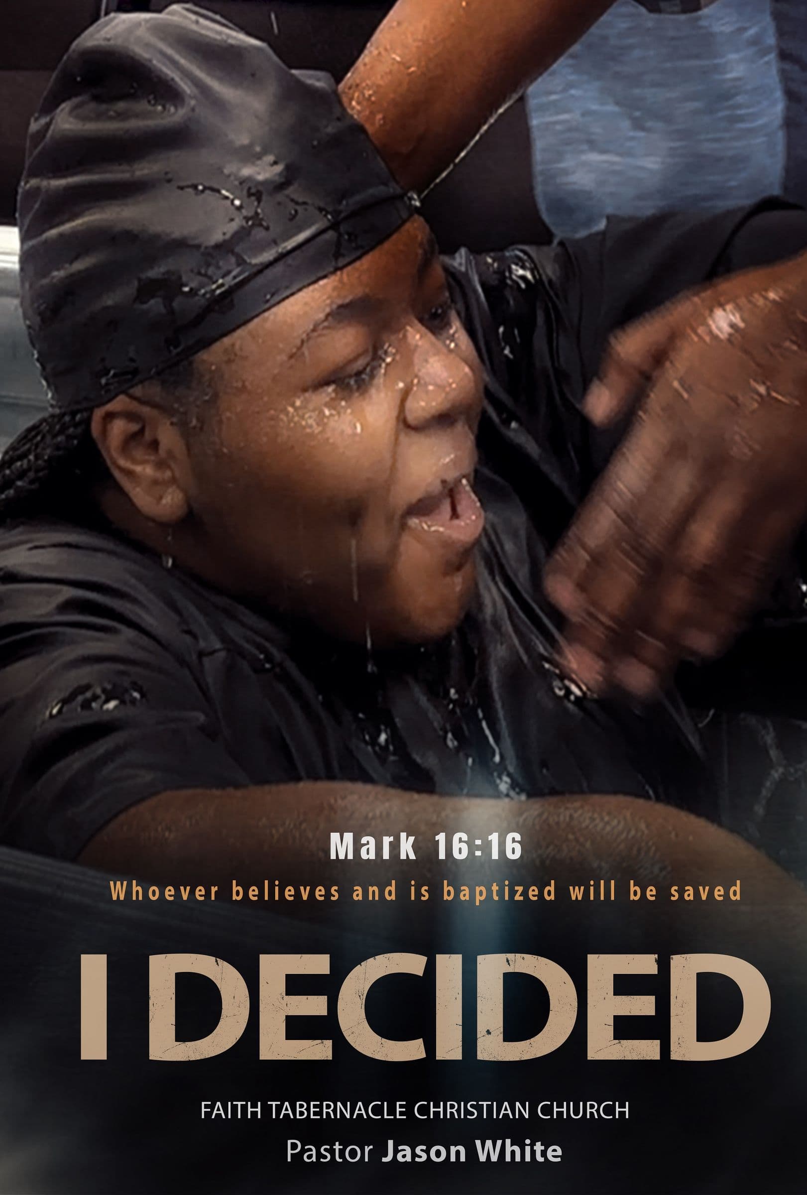 A new believer coming up out of the baptism water, overjoyed, at Faith Tabernacle Christian Church