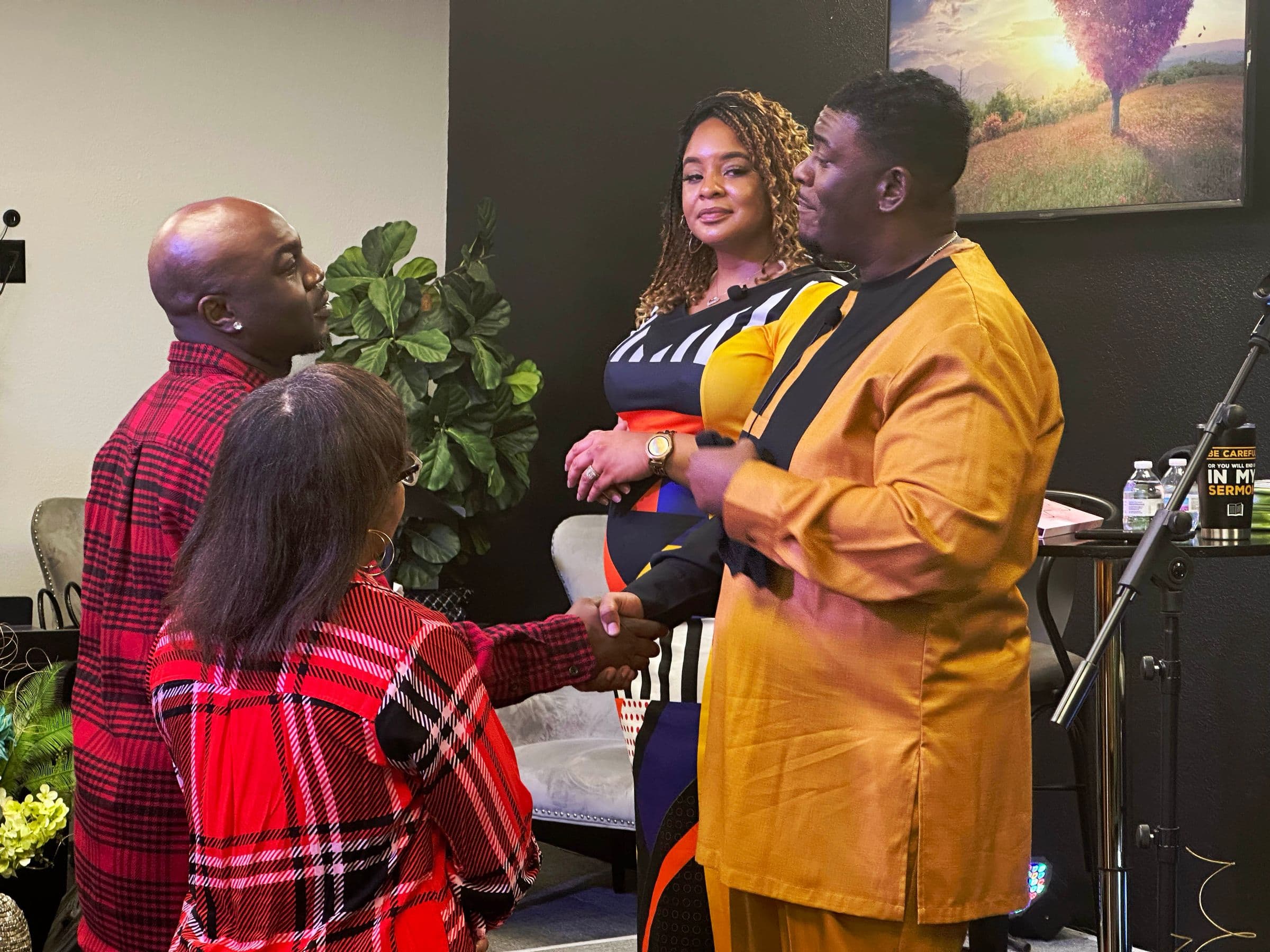 Church members greeting each other after Sunday worship at FTCC