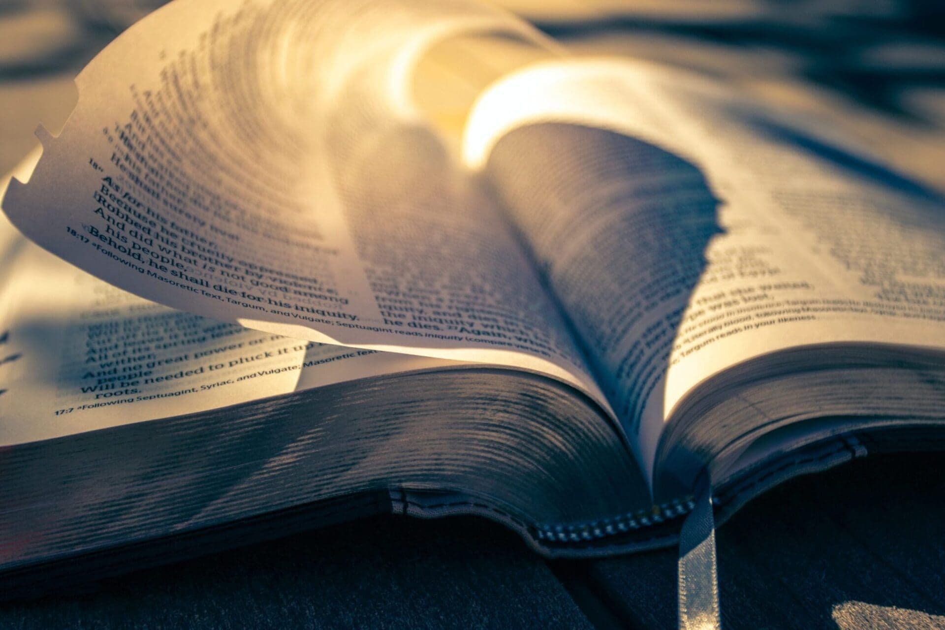 An open Bible with its pages gently fanned